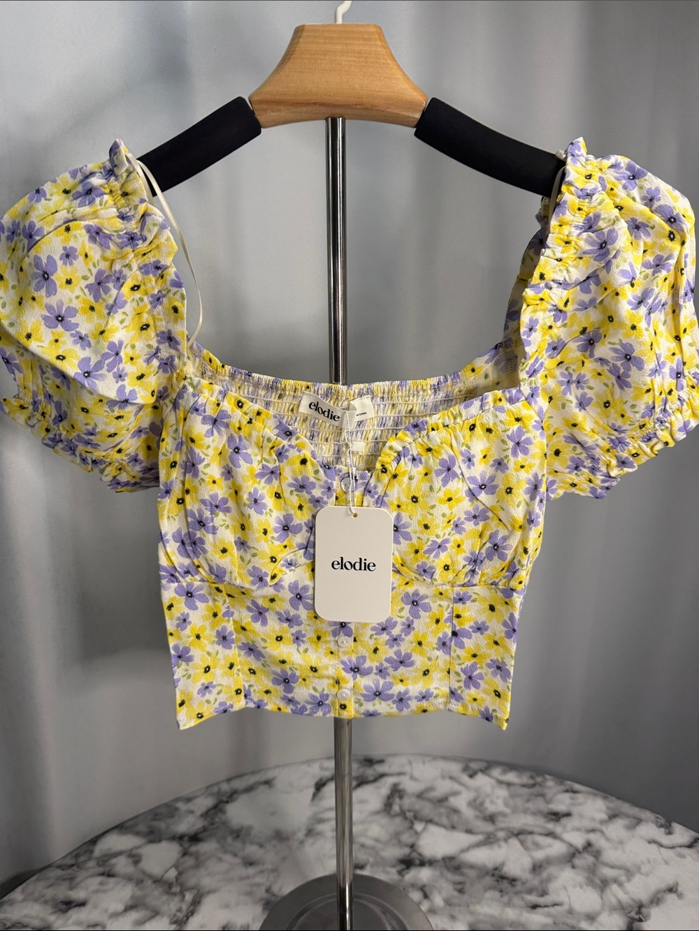Elodie Yellow & Lavender Floral Puff-Sleeve Crop Top